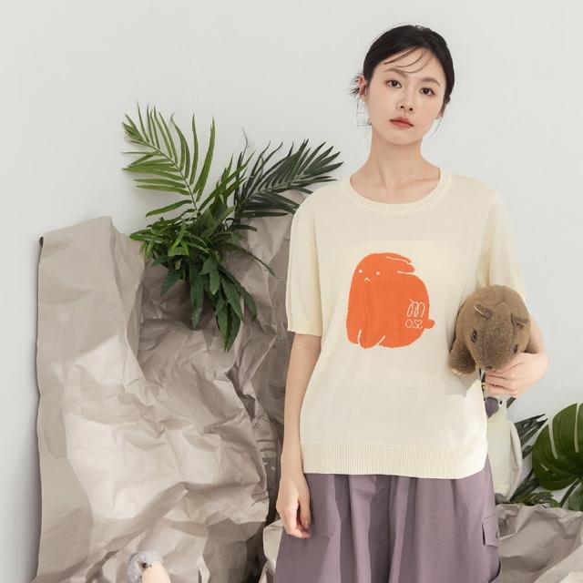 【MOSS CLUB】MOSS兔寶撞色短袖針織上衣(米  灰 黃/魅力商品)