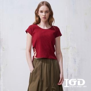 【IGD 英格麗】網路獨賣款-側腰綁帶坑條短版圓領上衣(紅色)