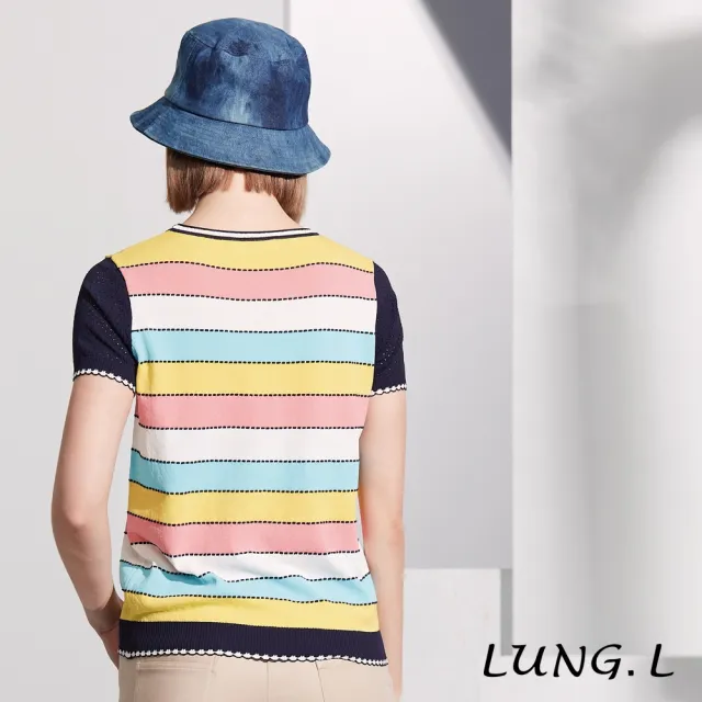 【LUNG.L 林佳樺】L852A 粉色彩條搭配藍色短袖女裝針織衫(春夏新品)