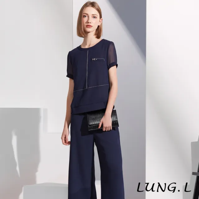 【LUNG.L 林佳樺】LR85A 藍色厚雪紡白色壓線短袖女裝上衣(春夏新品 加大尺碼)