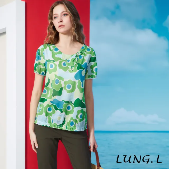 【LUNG.L 林佳樺】LS45A 綠色抽象花朵圖案短袖棉質女裝上衣(春夏新品)