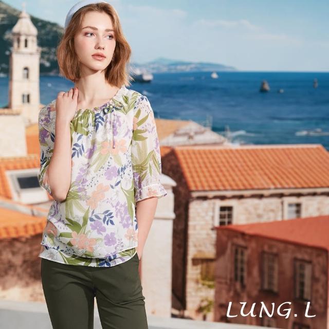 【LUNG.L 林佳樺】LR52A 粉紫印花雪紡長版A-line五分袖女裝上衣(春夏新品 加大尺碼)