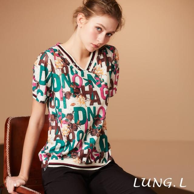 【LUNG.L 林佳樺】LS65A 綠色英文字母印圖V領短袖女裝上衣(春夏新品)