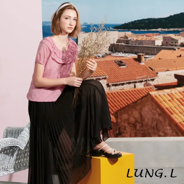 【LUNG.L 林佳樺】LS26A 粉色荷葉邊捲花小圓點短袖女裝上衣(春夏新品)