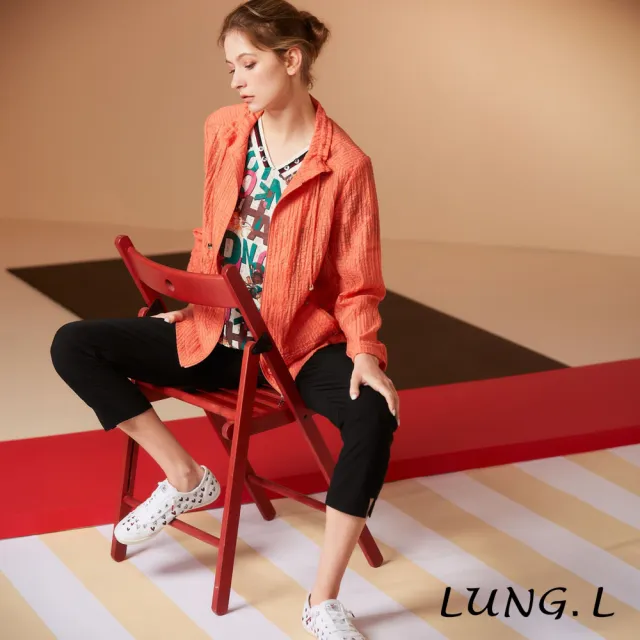 【LUNG.L 林佳樺】LS62E08 黑色脇邊印字涼感彈性女裝九分褲(春夏新品 加大尺碼)
