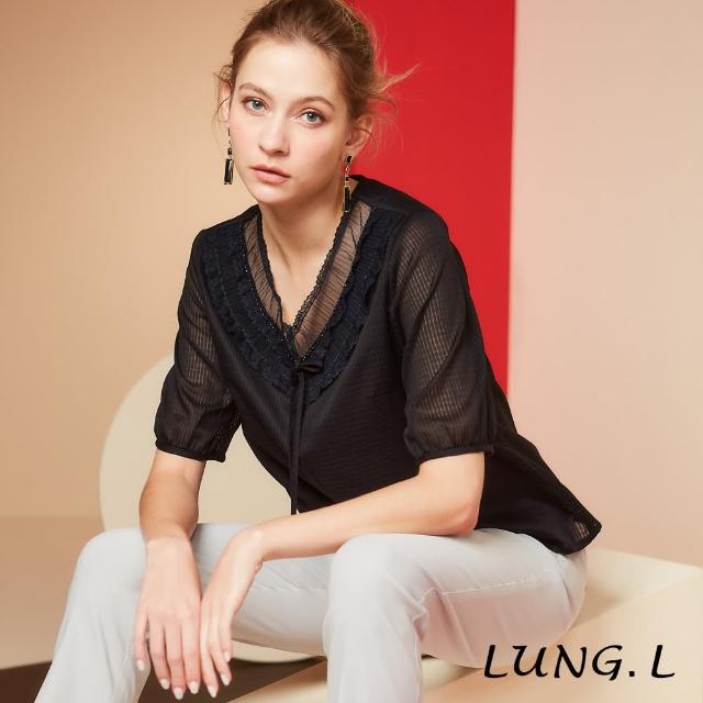 【LUNG.L 林佳樺】LS18A 藍黑色V領蕾絲綁結五分袖棉質女裝上衣(春夏新品)