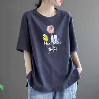【LANNI 藍尼】★三朵花圖騰大尺碼上衣(女上衣/舒適/圓領/T恤)