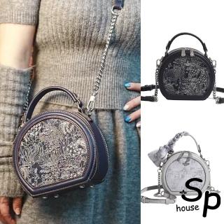 【Sp house】刺繡花漾線條手提迷你斜垮雙開小圓單肩包(2色可選)