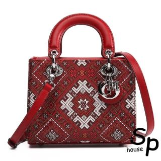 【Sp house】民族刺繡深紅牛皮格紋輕奢磁扣手提單肩揹包(紅色)