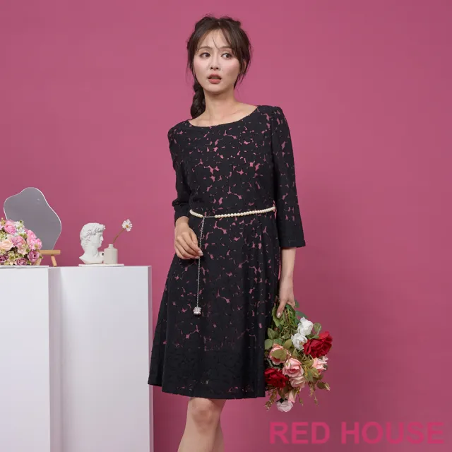 【RED HOUSE 蕾赫斯】雅緻花朵蕾絲洋裝-不含腰鍊(共2色)
