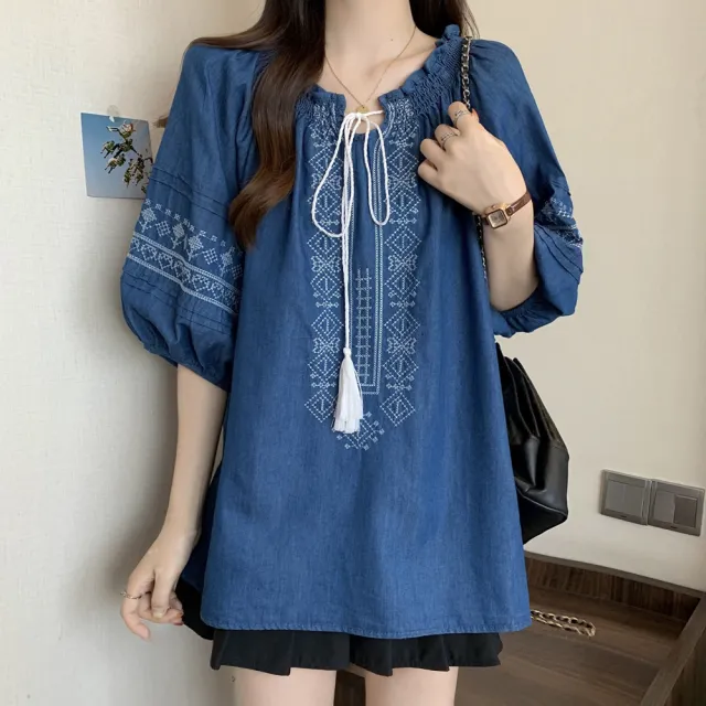 【ALLK 歐楷】新品 刺繡綁帶上衣 深藍色(尺寸L-3XL/中大尺碼/涼爽/透氣)
