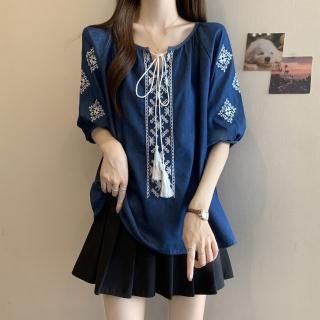 【ALLK 歐楷】新品 刺繡綁帶上衣 深藍色(尺寸L-XXL/中大尺碼/涼爽/透氣)
