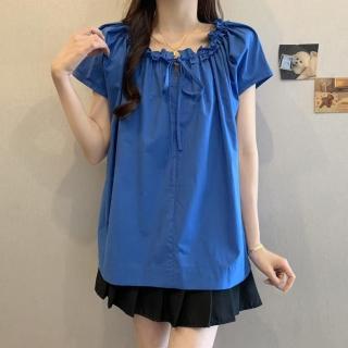 【ALLK 歐楷】新品 棉麻綁帶上衣 深藍色(尺寸L-XXL/中大尺碼/涼爽/透氣)