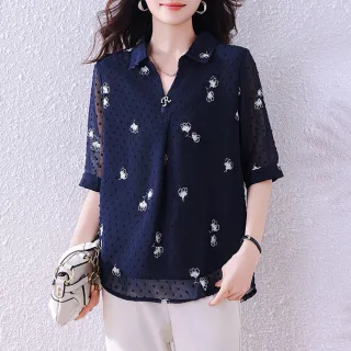 【ALLK 歐楷】新品 印花配色上衣 藏青色(尺寸L-XXL/中大尺碼/涼爽/透氣)