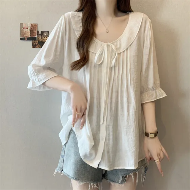 【ALLK 歐楷】新品 綁帶娃娃領上衣 共3色(尺寸L-XXL/中大尺碼/涼爽/透氣)