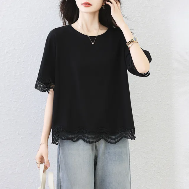 【ALLK 歐楷】新品 蕾絲拼接上衣 黑色(尺寸L-XXL/中大尺碼/涼爽/透氣)