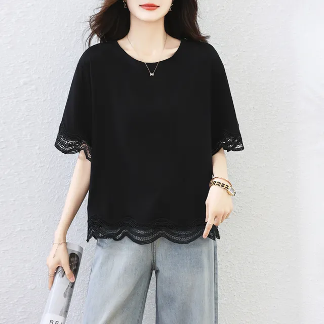 【ALLK 歐楷】新品 蕾絲拼接上衣 黑色(尺寸L-XXL/中大尺碼/涼爽/透氣)（其他規格）