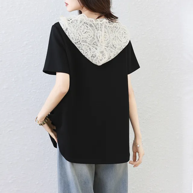 【ALLK 歐楷】新品 蕾絲連帽上衣 黑色(尺寸L-XXL/中大尺碼/涼爽/透氣)