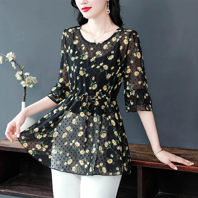 【ALLK 歐楷】新品 印花雪紡上衣 黑色(尺寸L-XXL/中大尺碼/涼爽/透氣)