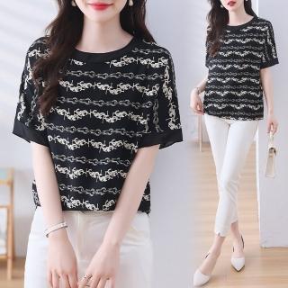 【ALLK 歐楷】新品 幾何印花上衣 黑色(尺寸L-XXL/中大尺碼/涼爽/透氣)