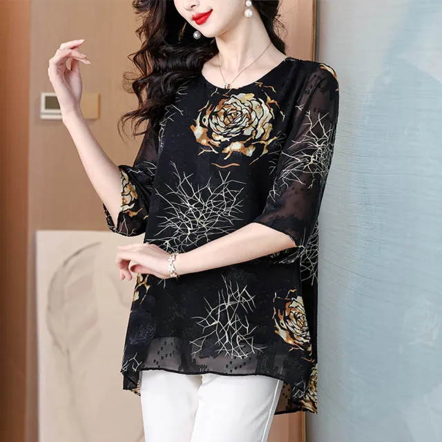 【ALLK 歐楷】新品 印花雪紡上衣 黑色(尺寸L-XXL/中大尺碼/涼爽/透氣)