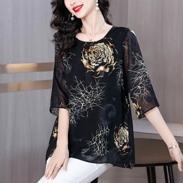 【ALLK 歐楷】新品 印花雪紡上衣 黑色(尺寸L-XXL/中大尺碼/涼爽/透氣)