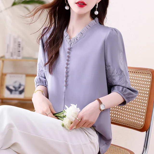 【ALLK 歐楷】新品上架 立領繡花上衣 圖片色(尺寸L-XXL/中大尺碼/涼爽/透氣)
