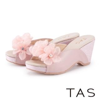【TAS】質感浪漫花朵坡跟牛皮厚底拖鞋(粉色)