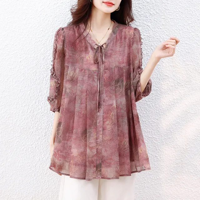 【ALLK 歐楷】新品 綁帶印花上衣 圖片色(尺寸L-XXL/中大尺碼/涼爽/透氣)