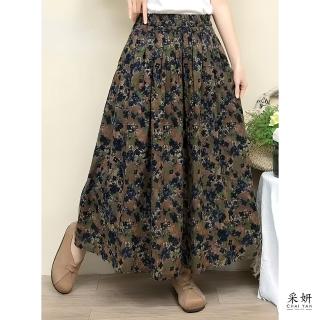 【CHAI YAN 採妍】水彩花朵綠葉圖樣布料全鬆緊腰頭A字長裙(春夏新款長裙-65-78公斤可穿)