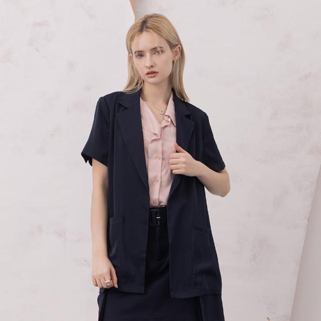 【MASTINA】OVERSIZE短袖西裝外套(深藍 米/魅力商品)