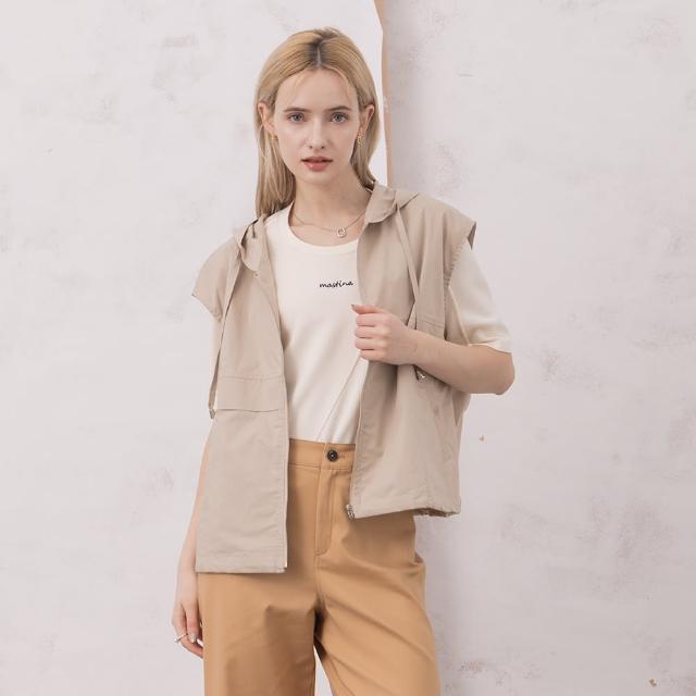 【MASTINA】工裝連帽抽繩背心外套(綠 米/魅力商品)