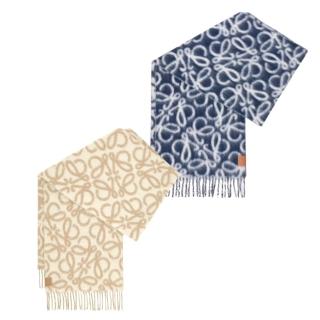 【LOEWE 羅威】Anagram 羊駝毛 羊毛 米白/海軍藍 緹花 圍巾 流蘇(New Arrival)