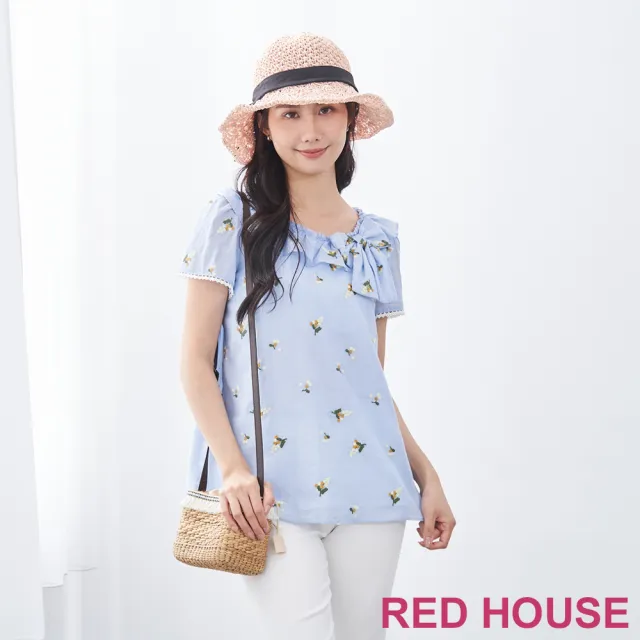【RED HOUSE 蕾赫斯】清新荷葉領小繡花上衣(藍色)