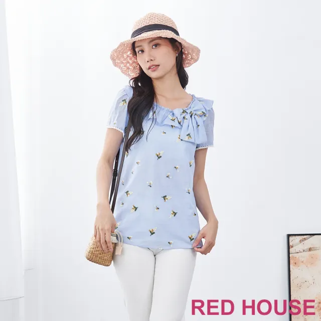 【RED HOUSE 蕾赫斯】清新荷葉領小繡花上衣(藍色)