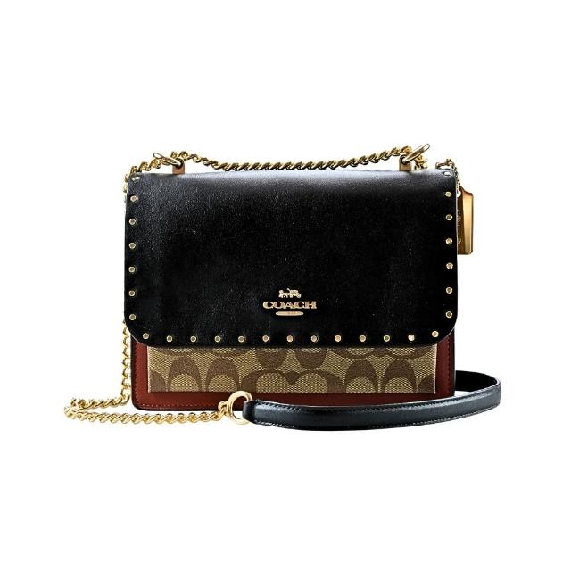 【COACH】KLARE 卡其C LOGO PVC 皮革內雙層鍊帶方型斜背包(拼接鉚釘多色)