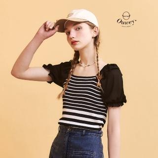 【OUWEY 歐薇】荷葉雪紡泡袖縲縈針織上衣(黑；S-L；3252195408)