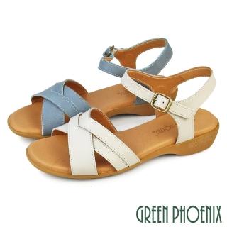 【GREEN PHOENIX 波兒德】女鞋 涼鞋 厚底涼鞋 小坡跟 交叉 全真皮 吸震 臺灣製(藍色、米色)