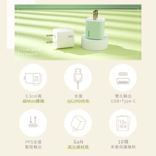 【KINYO】20W雙孔 氮化鎵充電器/快充頭/充電頭/插頭 USB Type-C(PD3.0 PDCB-120)