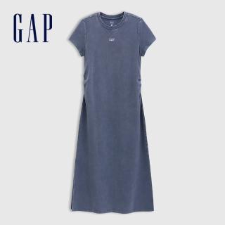 【GAP】女裝 Logo刺繡圓領短袖洋裝-灰藍色(764820)