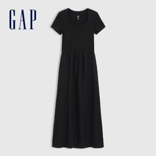 【GAP】女裝 Logo刺繡方領短袖洋裝-黑色(765712)