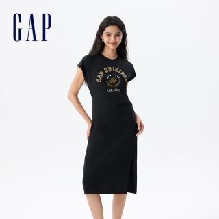 【GAP】女裝 Logo純棉印花圓領短袖洋裝-黑色(765950)