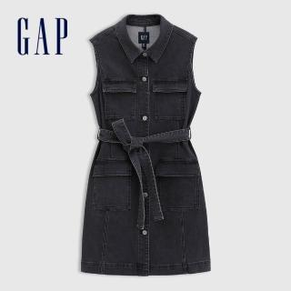 【GAP】女裝 翻領無袖牛仔洋裝-水洗黑(765959)