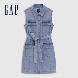 【GAP】女裝 翻領無袖牛仔洋裝-淺色水洗(765959)