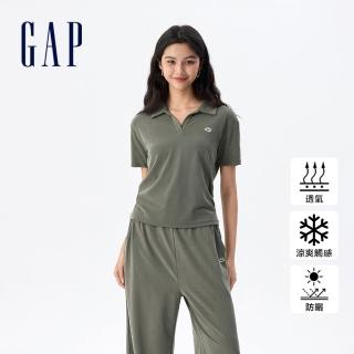 【GAP】女裝 Logo刺繡防曬翻領短袖針織衫-綠色(766147)