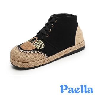 【Paella】平底休閒鞋 高筒休閒鞋/可愛花籃麥穗刺繡棉麻繫帶高筒平底休閒鞋(黑)