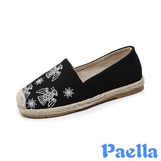 【Paella】平底休閒鞋 刺繡休閒鞋/復古納斯卡線條圖騰刺繡草編平底休閒鞋 漁夫鞋(黑)
