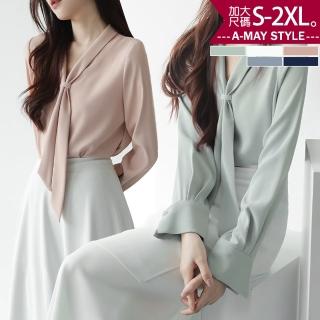 【艾美時尚】夏新品 中大尺碼女裝 上衣 法式氣質簡約修身V字領結長袖襯衫。S-2XL(5色.預購)