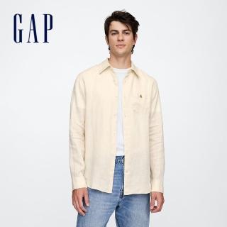【GAP】男裝 小熊刺繡翻領長袖襯衫-米色(728054)
