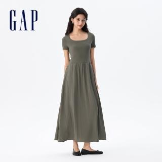 【GAP】女裝 Logo刺繡方領短袖洋裝-軍綠色(765712)